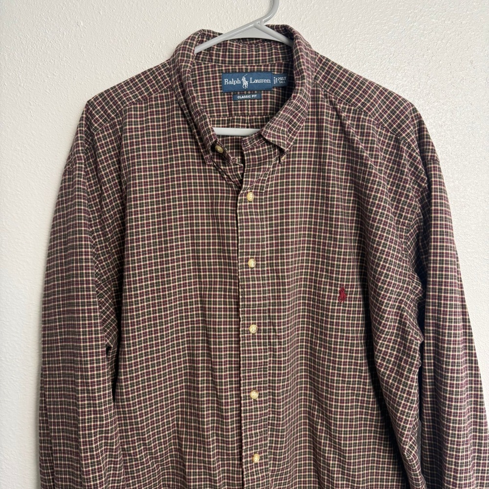 Ralph Lauren Classic Fit Button Down Shirt Mens 2XLT Tall Burgundy Plaid Check - Picture 3 of 8